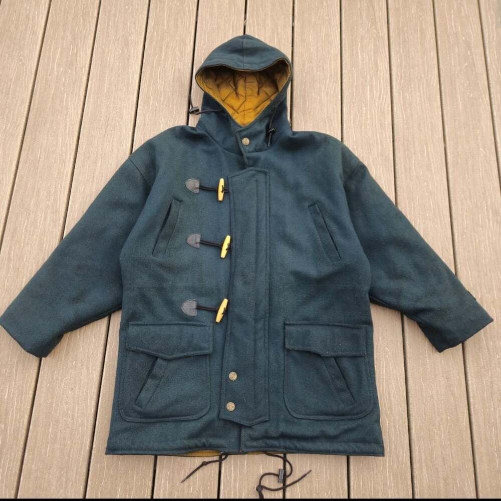 Navigation Boat Works Dark Green Wool Duffle Coat Quilted Lining Jacket Size XS